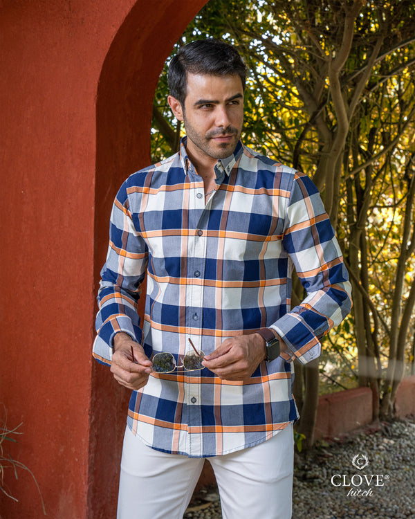 Checkered Cotton Shirt - Navy & Orange C1041