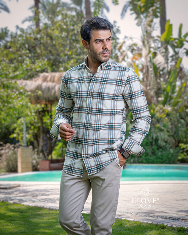 Checkered Cotton Shirt - Olive & Beige C1042