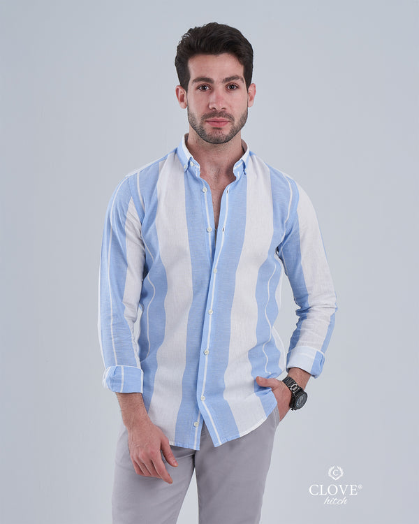 Wide Striped Linen Shirt - Sky Blue