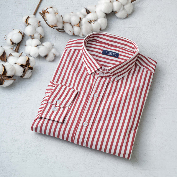 Striped Basic Cotton Shirt - Dark Red