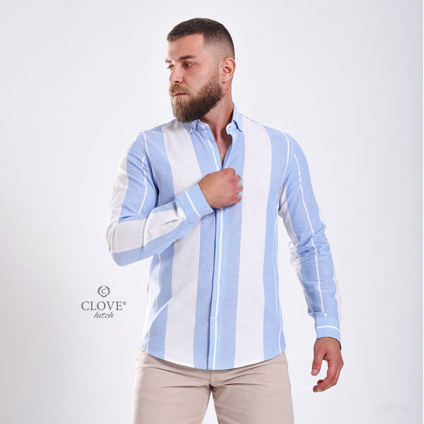 Wide Striped Linen Shirt - Sky Blue