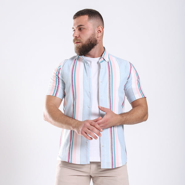 Short Sleeve Linen Striped Shirt - Multicolors